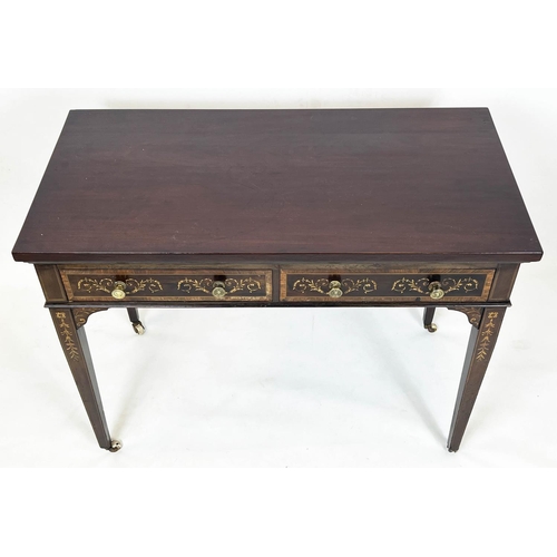 441 - WRITING TABLE, 74cm H x 98cm x 51cm, Edwardian mahogany and penwork marquetry with two drawers on ce... 