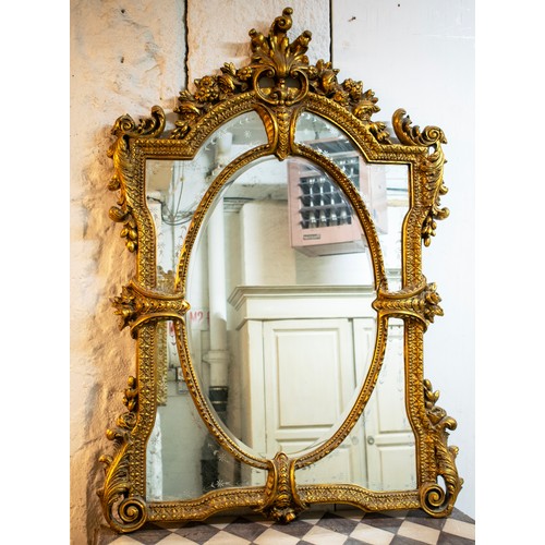 418 - WALL MIRROR, 103cm H x 144cm W, Louis XVI style gilt framed with etched marginal plates.