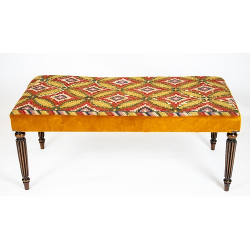 422 - STOOL, 45cm H x 110cm W x 57cm D, part George IV beechwood with needlepoint and orange velvet uphols... 