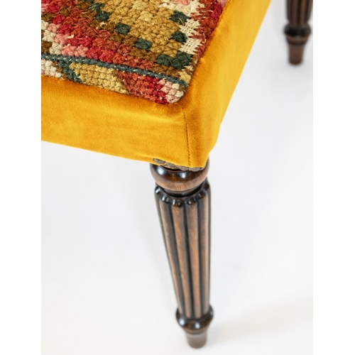 422 - STOOL, 45cm H x 110cm W x 57cm D, part George IV beechwood with needlepoint and orange velvet uphols... 