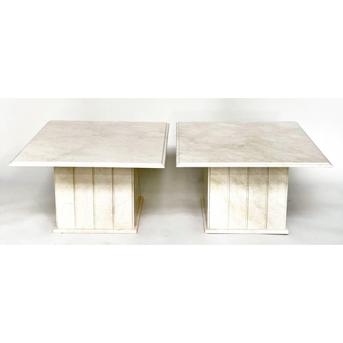 366 - LAMP TABLES, a pair, square figured carrara white marble raised upon square column bases, 76cm x 76c... 