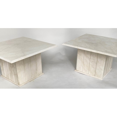 366 - LAMP TABLES, a pair, square figured carrara white marble raised upon square column bases, 76cm x 76c... 