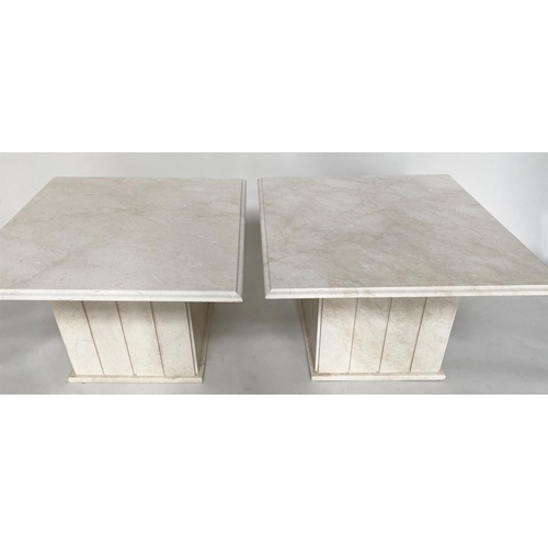 366 - LAMP TABLES, a pair, square figured carrara white marble raised upon square column bases, 76cm x 76c... 