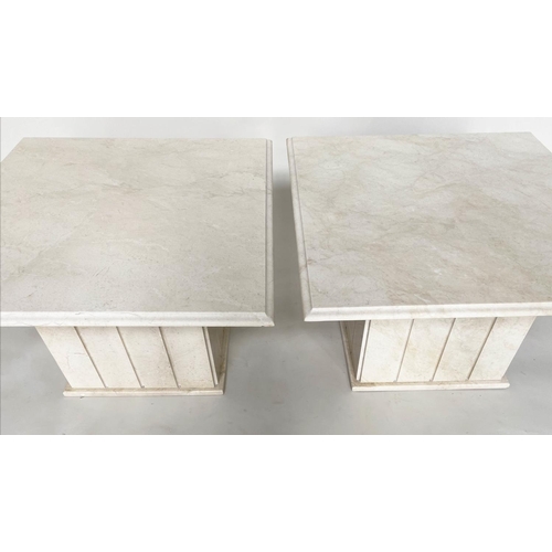 366 - LAMP TABLES, a pair, square figured carrara white marble raised upon square column bases, 76cm x 76c... 