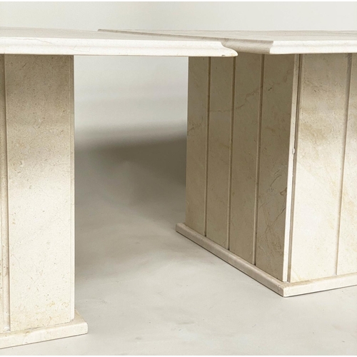 366 - LAMP TABLES, a pair, square figured carrara white marble raised upon square column bases, 76cm x 76c... 