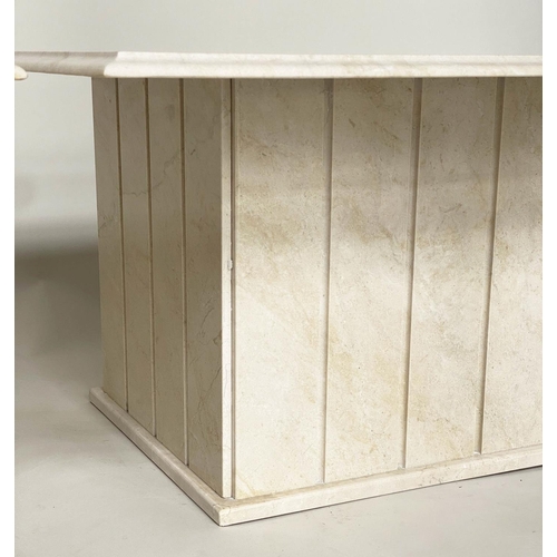 366 - LAMP TABLES, a pair, square figured carrara white marble raised upon square column bases, 76cm x 76c... 