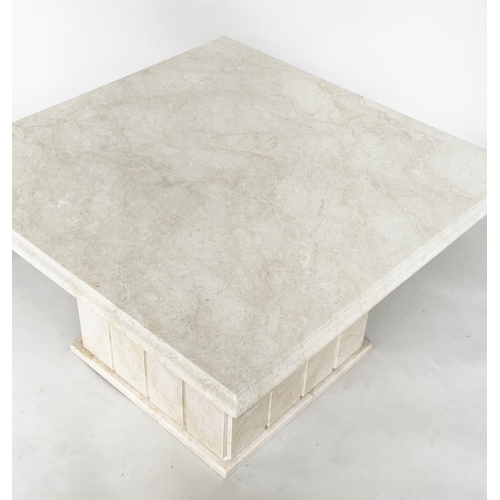 366 - LAMP TABLES, a pair, square figured carrara white marble raised upon square column bases, 76cm x 76c... 