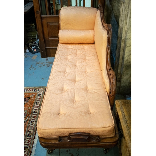 421 - CHAISE LONGUE, 88cm H x 187cm L x 56cm D, Victorian mahogany in pink damask on ceramic castors.