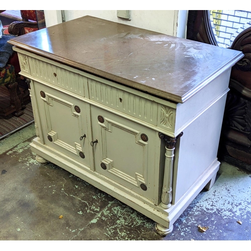 413 - SWEDISH SIDE CABINET, late 19th century cream painted and marble topped comprising two drawers over ... 