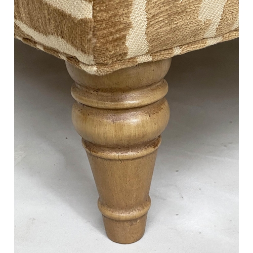 370 - HEARTH STOOL, Country house style, square with two tone chenille velvet upholstery and turned suppor... 