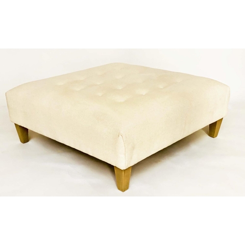 375 - HEARTH STOOL, square buttoned netural cotton with tapering supports, 103cm x 103cm x 40cm H.