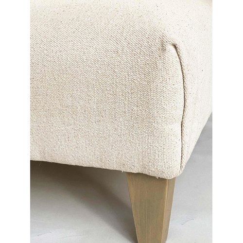 375 - HEARTH STOOL, square buttoned netural cotton with tapering supports, 103cm x 103cm x 40cm H.