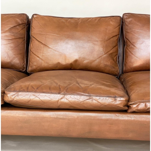 484 - SOFA, 1970's Danish, grained tan leather and teak supports, 206cm W approx.