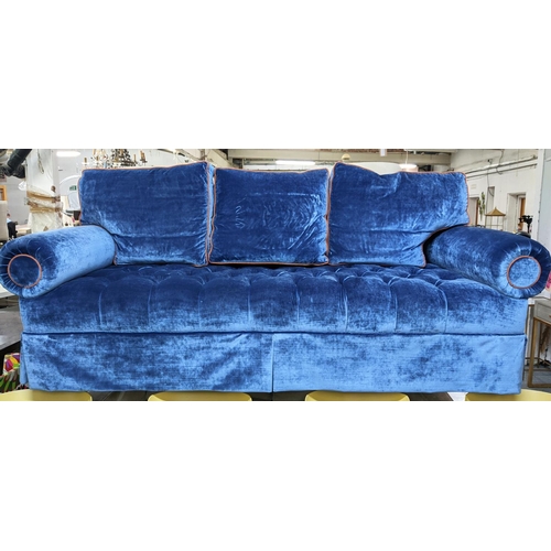 414 - WILLIAM YEOWARD KING SOFA, blue velvet upholstered, orange detailing, 240cm x 100cm x 90cm.