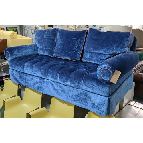 414 - WILLIAM YEOWARD KING SOFA, blue velvet upholstered, orange detailing, 240cm x 100cm x 90cm.