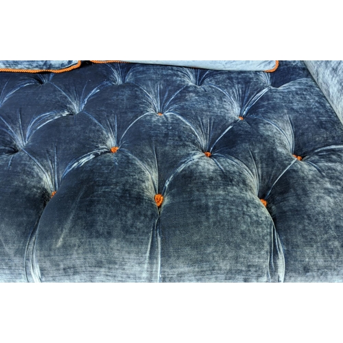 414 - WILLIAM YEOWARD KING SOFA, blue velvet upholstered, orange detailing, 240cm x 100cm x 90cm.