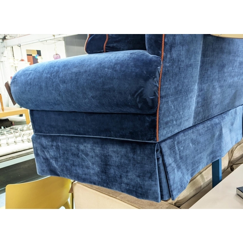 414 - WILLIAM YEOWARD KING SOFA, blue velvet upholstered, orange detailing, 240cm x 100cm x 90cm.