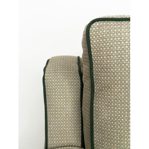 486 - SOFA, two seater, Classical form in green piped woven linen, 1450cm W.