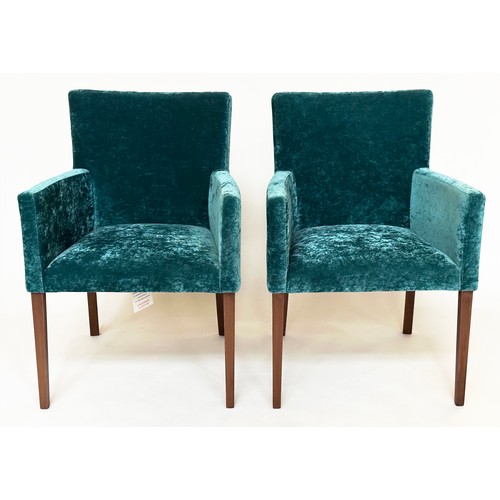 487 - BRIDGE ARMCHAIRS, a pair, soft blue velvet upholstered and oak supports, 61cm W. (2)