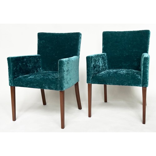 487 - BRIDGE ARMCHAIRS, a pair, soft blue velvet upholstered and oak supports, 61cm W. (2)