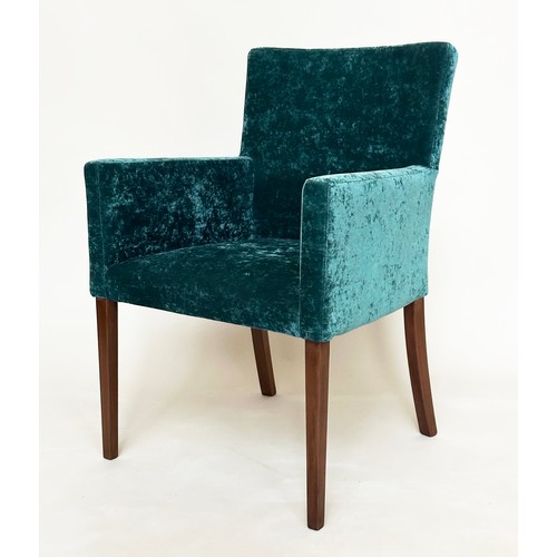 487 - BRIDGE ARMCHAIRS, a pair, soft blue velvet upholstered and oak supports, 61cm W. (2)