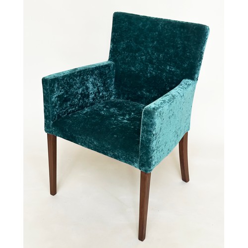 487 - BRIDGE ARMCHAIRS, a pair, soft blue velvet upholstered and oak supports, 61cm W. (2)