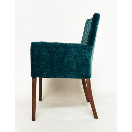 487 - BRIDGE ARMCHAIRS, a pair, soft blue velvet upholstered and oak supports, 61cm W. (2)