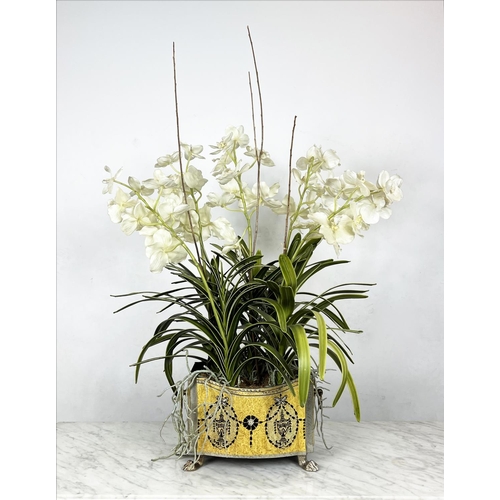 10 - FAUX ORCHID DISPLAYS, a set of two, largest 93cm H approx, together with a faux floral display. (3)