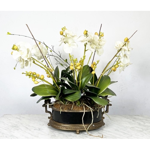 10 - FAUX ORCHID DISPLAYS, a set of two, largest 93cm H approx, together with a faux floral display. (3)