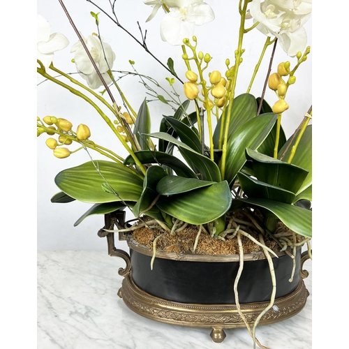 10 - FAUX ORCHID DISPLAYS, a set of two, largest 93cm H approx, together with a faux floral display. (3)