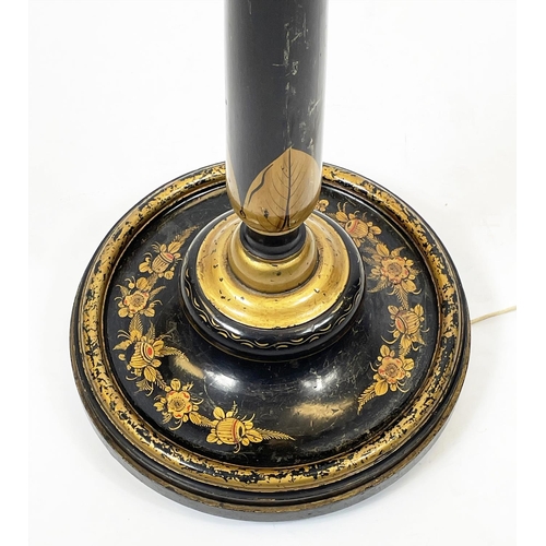 14 - CHINOISERIE FLOOR STANDING LAMP, decorated in black and gilt lacquer effect with a pagoda and foliat... 