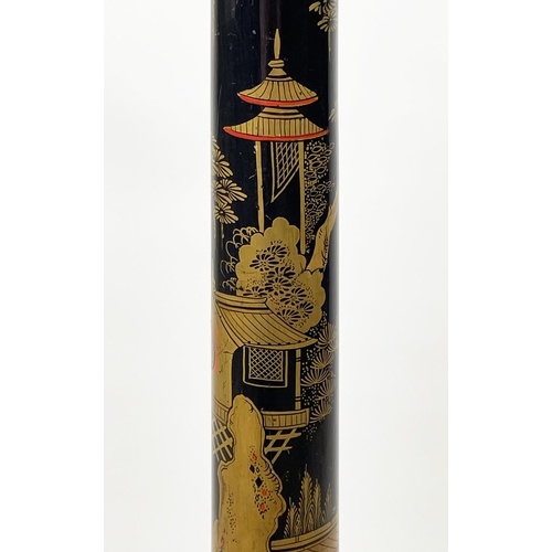 14 - CHINOISERIE FLOOR STANDING LAMP, decorated in black and gilt lacquer effect with a pagoda and foliat... 