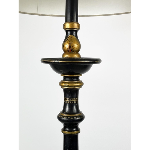 14 - CHINOISERIE FLOOR STANDING LAMP, decorated in black and gilt lacquer effect with a pagoda and foliat... 