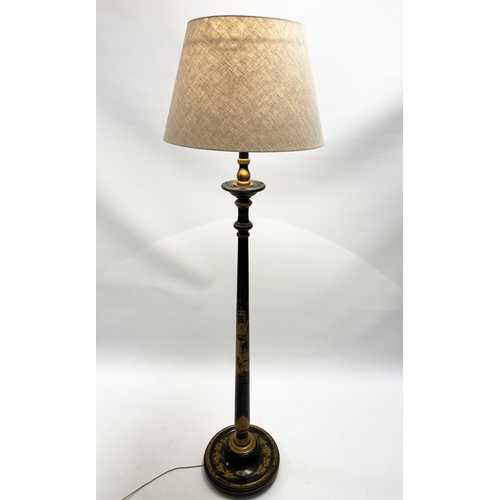 14 - CHINOISERIE FLOOR STANDING LAMP, decorated in black and gilt lacquer effect with a pagoda and foliat... 