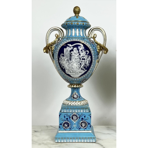 2 - VASES AND COVERS, a pair, late 19th century pate-sur-pate and gilt decorated on a sky blue ground, c... 