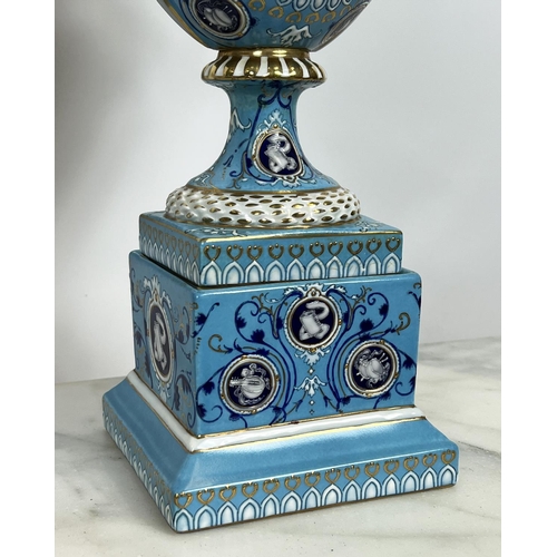 2 - VASES AND COVERS, a pair, late 19th century pate-sur-pate and gilt decorated on a sky blue ground, c... 