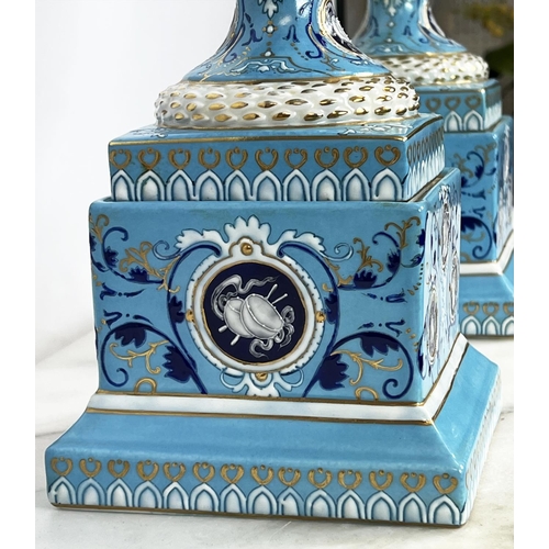 2 - VASES AND COVERS, a pair, late 19th century pate-sur-pate and gilt decorated on a sky blue ground, c... 