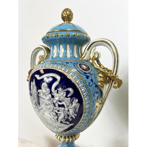 2 - VASES AND COVERS, a pair, late 19th century pate-sur-pate and gilt decorated on a sky blue ground, c... 