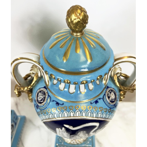 2 - VASES AND COVERS, a pair, late 19th century pate-sur-pate and gilt decorated on a sky blue ground, c... 