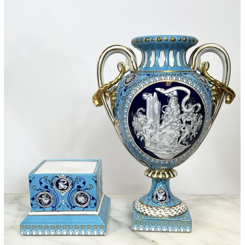 2 - VASES AND COVERS, a pair, late 19th century pate-sur-pate and gilt decorated on a sky blue ground, c... 