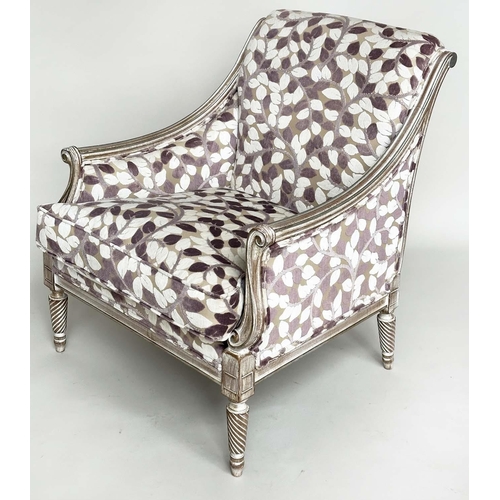 214 - BERGERES, a pair, French oak, grey and parcel gilt framed, cut leaf velvet upholstery and spiral tap... 