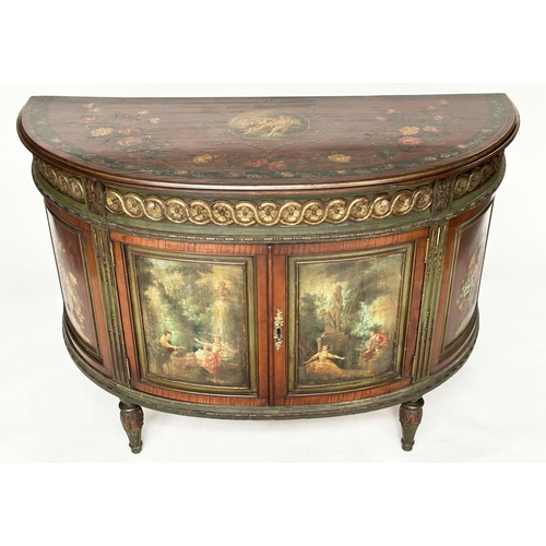 217 - DEMILUNE COMMODE, French late 19th/early 20th century satinwood, green and polychrome with frieze dr... 