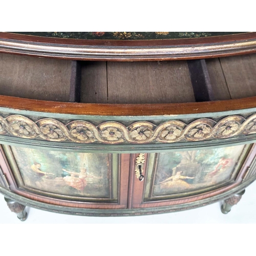 217 - DEMILUNE COMMODE, French late 19th/early 20th century satinwood, green and polychrome with frieze dr... 