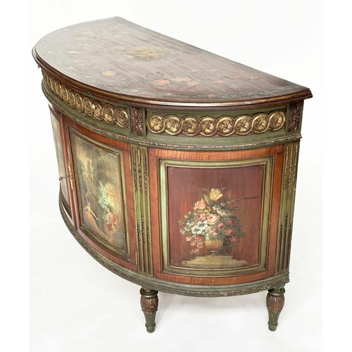 217 - DEMILUNE COMMODE, French late 19th/early 20th century satinwood, green and polychrome with frieze dr... 