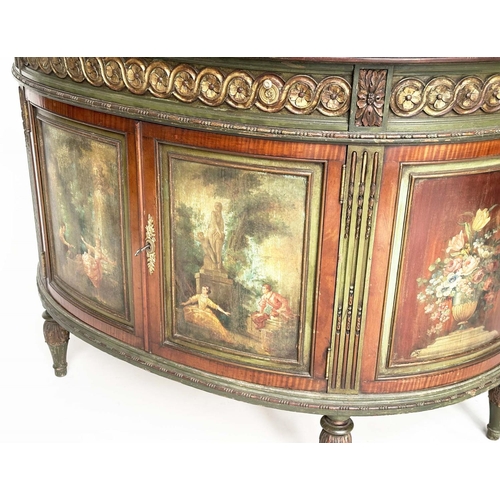 217 - DEMILUNE COMMODE, French late 19th/early 20th century satinwood, green and polychrome with frieze dr... 