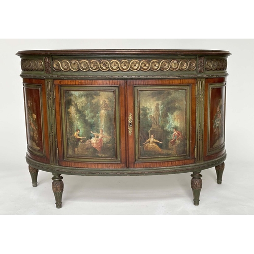 217 - DEMILUNE COMMODE, French late 19th/early 20th century satinwood, green and polychrome with frieze dr... 