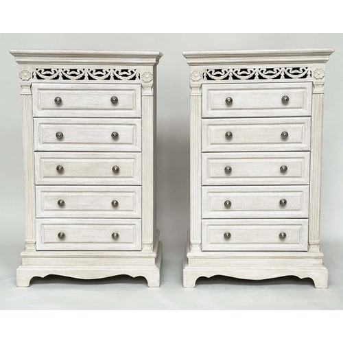 223 - CHESTS, a pair, French traditionally grey painted each with pierced frieze and five long drawers, 60... 