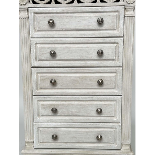 223 - CHESTS, a pair, French traditionally grey painted each with pierced frieze and five long drawers, 60... 