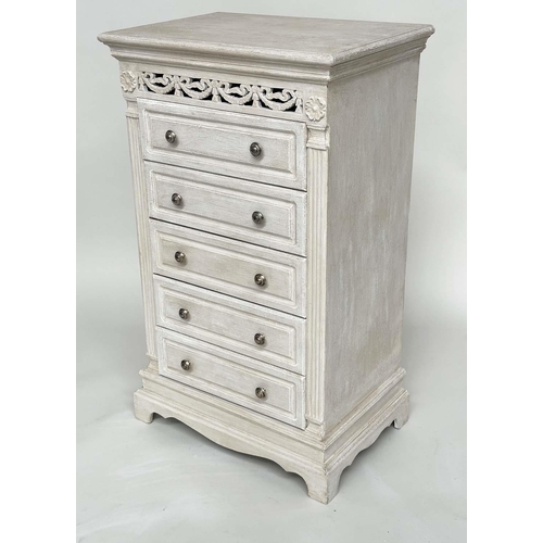 223 - CHESTS, a pair, French traditionally grey painted each with pierced frieze and five long drawers, 60... 