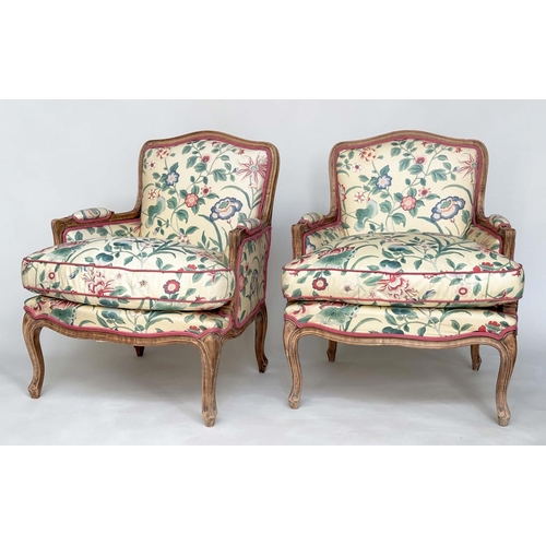 225 - BEREGERES, a pair, French walnut Louis XV style with Colefax and Fowler upholstery and feather fille... 